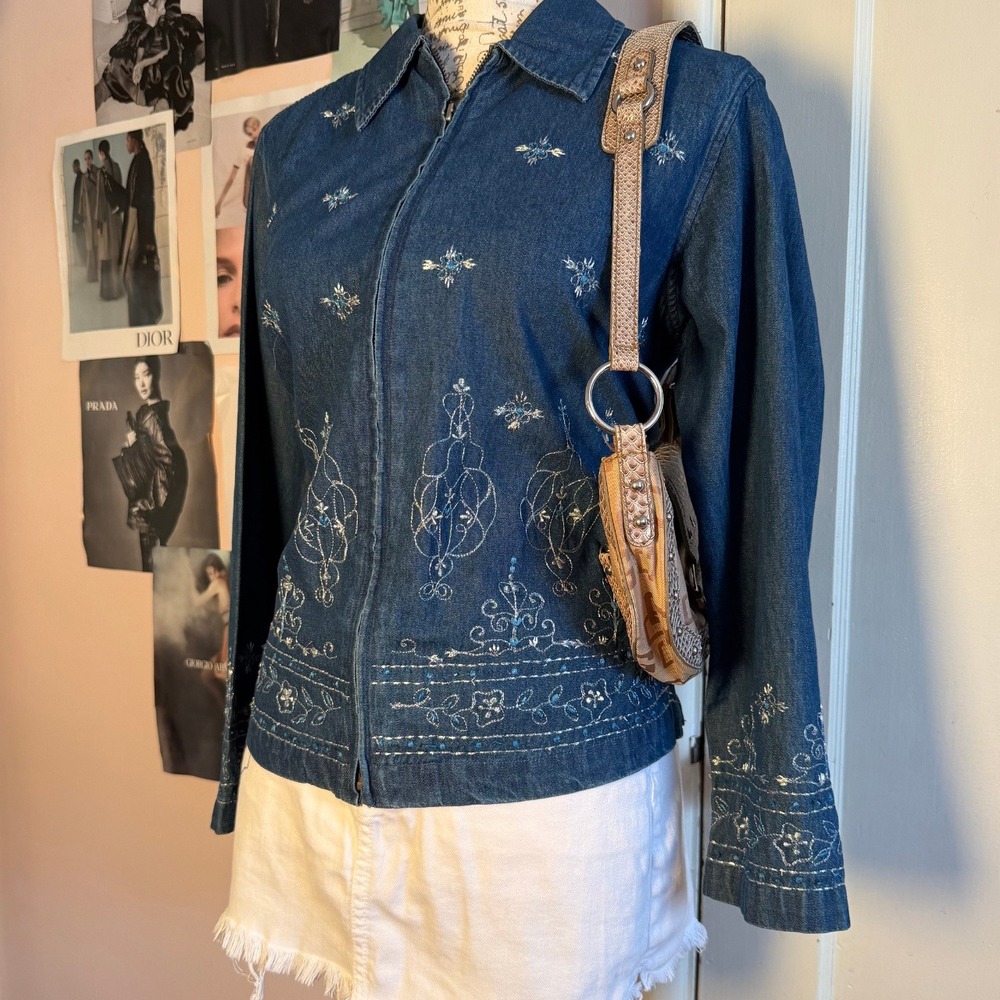 Vintage Blue Denim Jacket Beaded Embroidered Flowers Jacket
